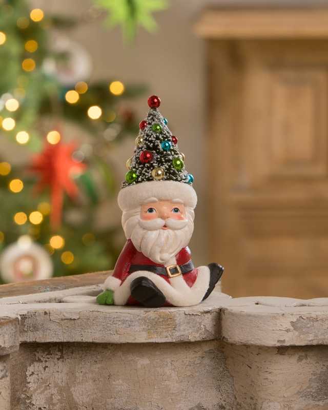 Retro Santa Seated With Tree Hat Christmas Decoration